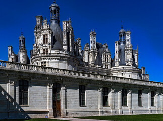 Towers and turrets of royal castle Chambord. Valley of river Loire, France. Years of construction...