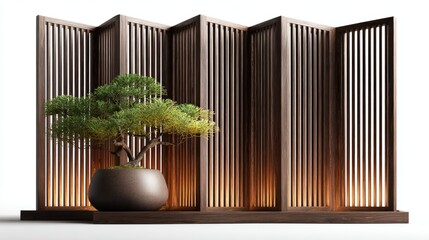 Wooden room divider with bonsai tree.