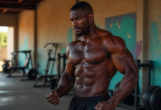 A muscular African-American bodybuilder, glistening with sweat, flexing biceps
