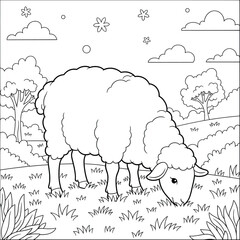 Cartoon-style sheep grazing in a peaceful countryside landscape — cute animal line art for kids, nature scene coloring page, farm animal outline illustration