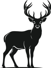 Silhouette of a deer with large antlers standing on a white background design