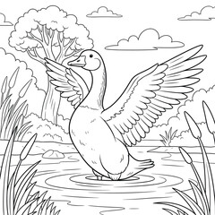 Duck Flapping in Pond – Fun Wildlife Coloring Page for Kids with Nature Background