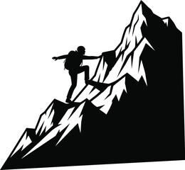 Silhouette of a person climbing a rocky mountain peak against a white background