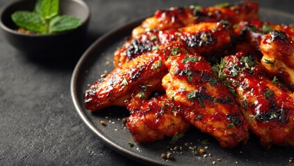 Fototapeta premium Glazed chicken wings on plate, herbs. Appetizer/party food. Dark bowl with mint