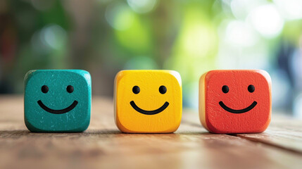 Three colorful wooden blocks with smiley faces on a wooden table with a green background.