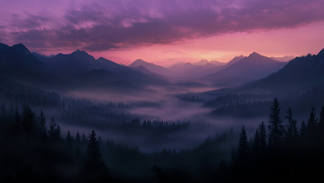 A wide-angle panoramic view of misty mountain peaks at sunrise, the sky a soft pink and purple hue, the soft morning light illuminating the landscape. - Powered by Adobe