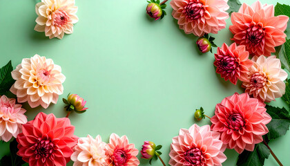 Beautiful Dahlia flowers form a frame with a light green background