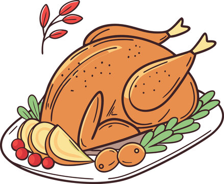 roasted turkey on plate, cartoon style clip art preview