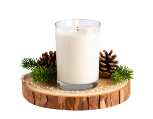 A Christmas candle in the exposition with a pine cone and juniper twigs on a cherry c