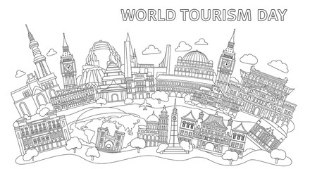Fototapeta premium World tourism day illustration featuring famous landmarks and global travel elements in a stylized line art design isolated on transparent background