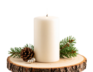 A Christmas candle in the exposition with a pine cone and juniper twigs on a cherry c