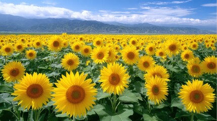 Fototapeta premium Vibrant Sunflower Field with Mountain View Under Blue Sky