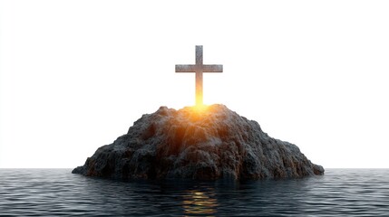 Sunlit cross on rocky island surrounded by calm water