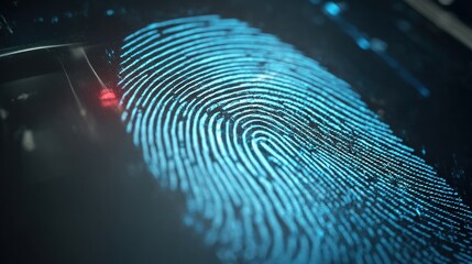 Close-up of a glowing digital fingerprint scanner on dark surface