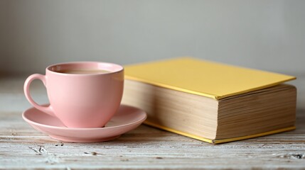 Light yellow book and pink coffee cup on pale wooden table