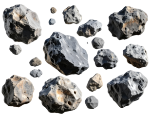 Asteroids swarm of boulders or stone meteorite isolated on transparen