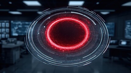 Futuristic digital red circular interface in cybersecurity control room