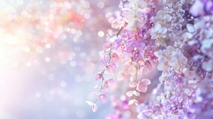 Fototapeta premium Elegant cascading orchids with delicate petals flowing gracefully, set in a soft, dreamy atmosphere. Gentle pastel tones with diffused lighting 