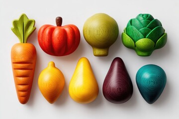 Colorful wooden fruit and vegetable shapes.