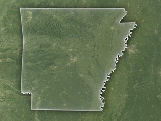 Realistic view of Arkansas from space with clear state borders. Contains modified Copernicus Sentinel data 2025.