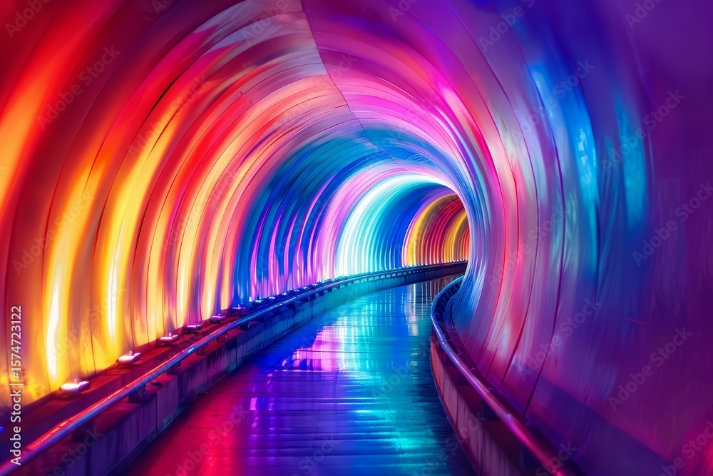 Wall mural empty illuminated tunnel glowing with vibrant rainbow colors creating a mesmerizing spectacle