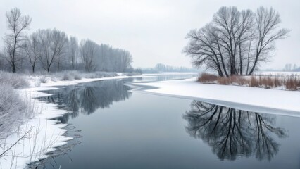 Serene winter river reflecting bare trees under a misty sky