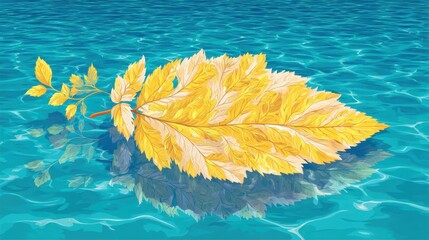 Yellow autumn leaf floating on clear blue water surface