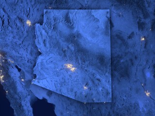 Arizona as seen from space at night with visible state borders. Contains modified Copernicus Sentinel data 2025.