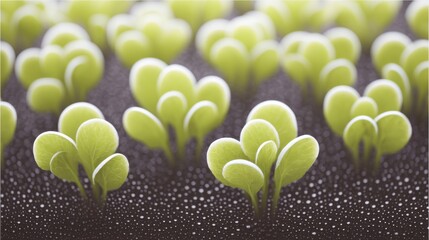 Fresh green seedlings sprouting from dark soil with water droplets