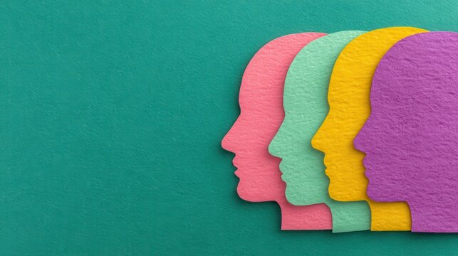 Four colorful human profile cutouts overlapping, symbolizing diversity, unity, and collaboration on a teal textured background.