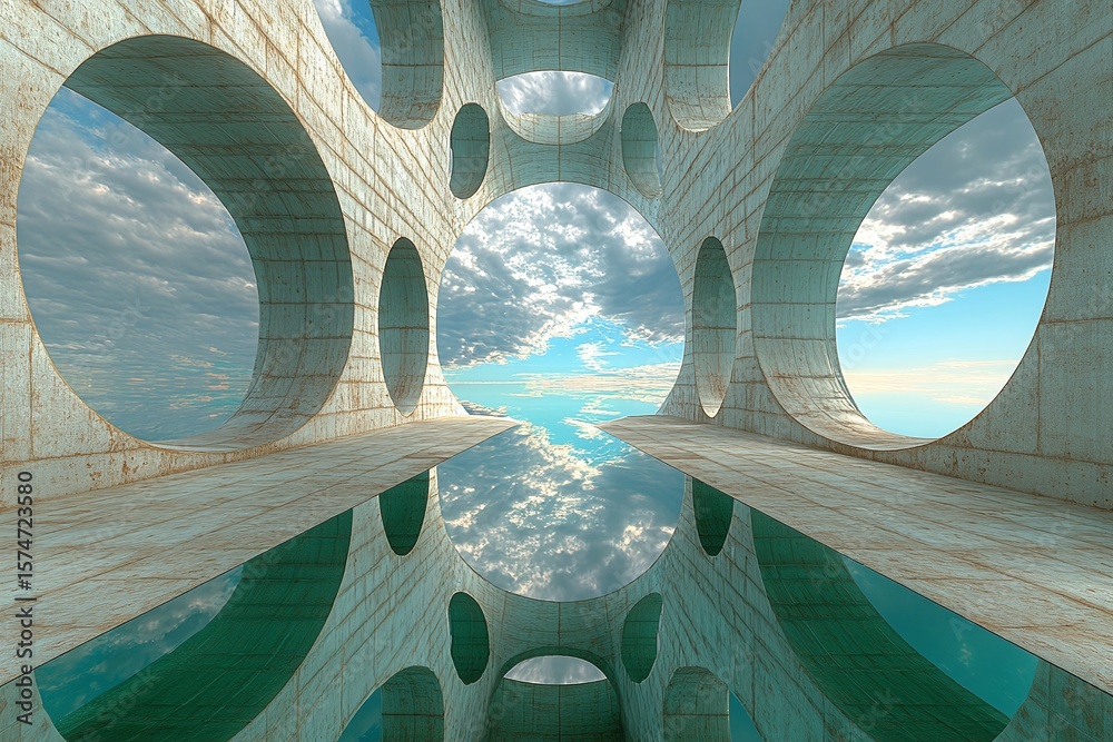 Fototapete surreal 3d rendering of an abstract stone passage with circular openings reflecting a sky