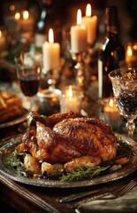 Roasted chicken with potatoes and herbs on festive table setting
