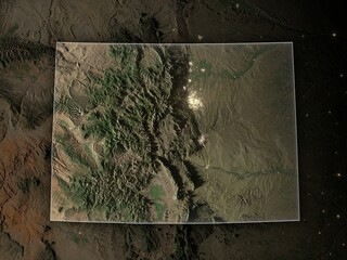 Detailed night map of Colorado with clear state borders and glowing city lights. Contains modified Copernicus Sentinel data 2025.