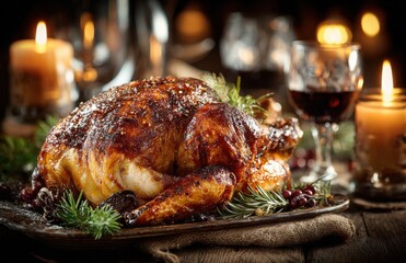 Roasted turkey garnished with rosemary and cranberries for christmas dinner
