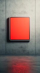 A vibrant red square mounted on a textured gray wall creates a modern and striking visual, Ideal for designs related to creativity, marketing, and contemporary art presentations,