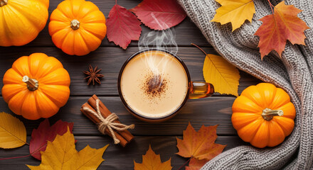Photo of a cozy overhead view of a steaming cup of coffee surrounded by mini pumpkins, colorful autumn leaves, cinnamon sticks, and a warm knitted scarf