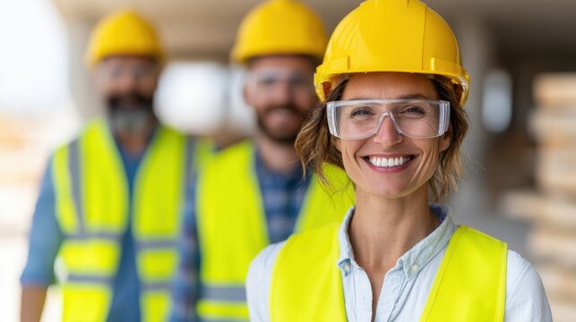Smiling female construction worker in a yellow hard hat and safety vest, with two male colleagues blurred in the background. - Powered by Adobe