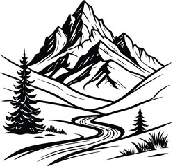 Mountain Road Scene with Trees, Black and White Silhouette