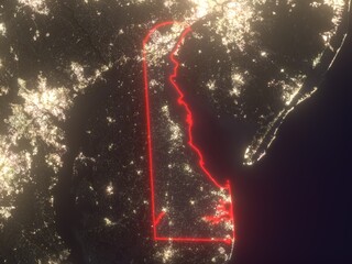 Night map of Delaware with red state borders and glowing bright city lights. Contains modified Copernicus Sentinel data 2025.