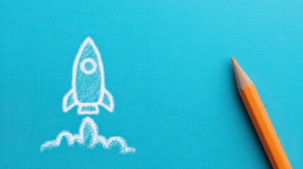 A chalk-drawn rocket ship on a blue surface is ready to launch, with an orange pencil placed beside it.