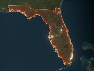 Detailed night map of Florida with red state borders and glowing city lights. Contains modified Copernicus Sentinel data 2025.