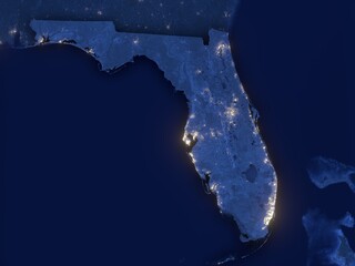 Florida as seen from space at night with visible state borders. Contains modified Copernicus Sentinel data 2025.