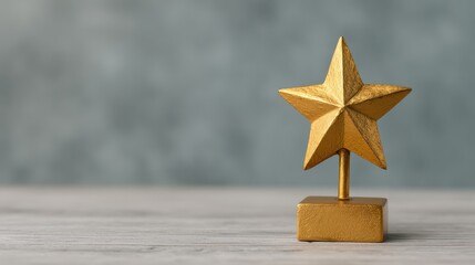 A golden star trophy stands on a wooden surface against a blurred blue-gray background, symbolizing achievement and excellence.