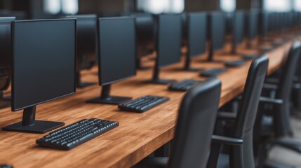 A row of computer workstations with black monitors, keyboards, and chairs on a wooden desk in a modern office or computer lab setting.