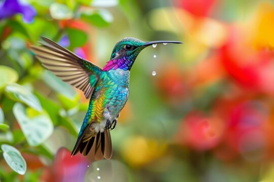 Beautiful hummingbird with iridescent feathers hovering in the air and drinking nectar from a flower with water dripping from its beak