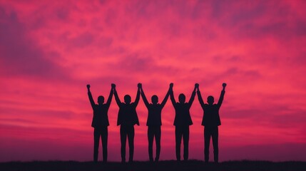 Five people stand silhouetted against a vibrant pink and purple sunset, celebrating with raised hands in unity and triumph.