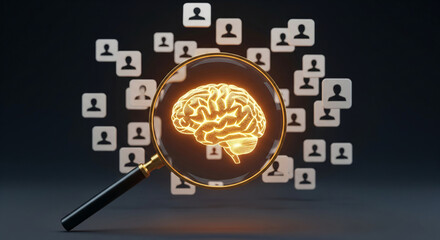Magnifying glass focuses on glowing brain model against background of profile icons, symbolizing audience analysis, target market research, or understanding consumer behavior