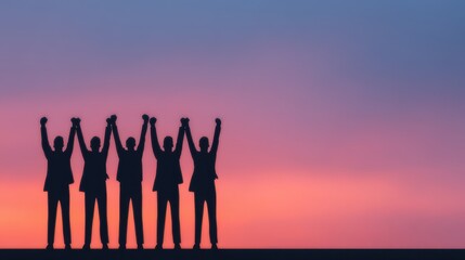 Silhouetted group of five people stand side by side, holding hands raised against a vibrant sunset sky.