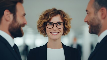 A confident woman in glasses smiles between two men in suits, suggesting a professional conversation or meeting in a modern office setting.