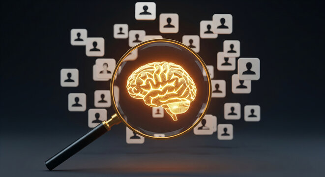 Magnifying glass focuses on glowing brain model against background of profile icons, symbolizing audience analysis, target market research, or understanding consumer behavior